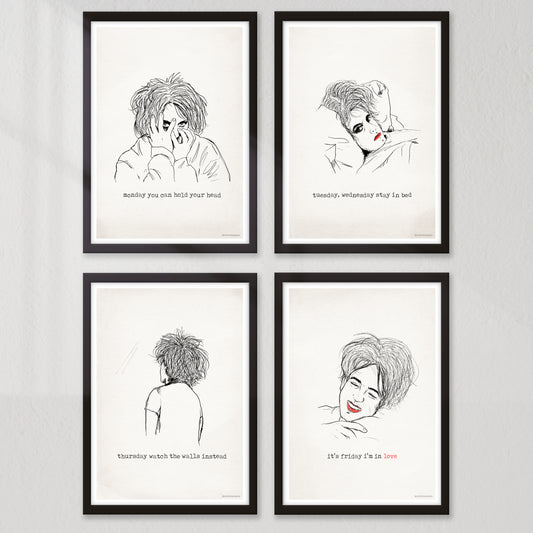 SET OF 4 Friday I'm in Love illustrated music art prints